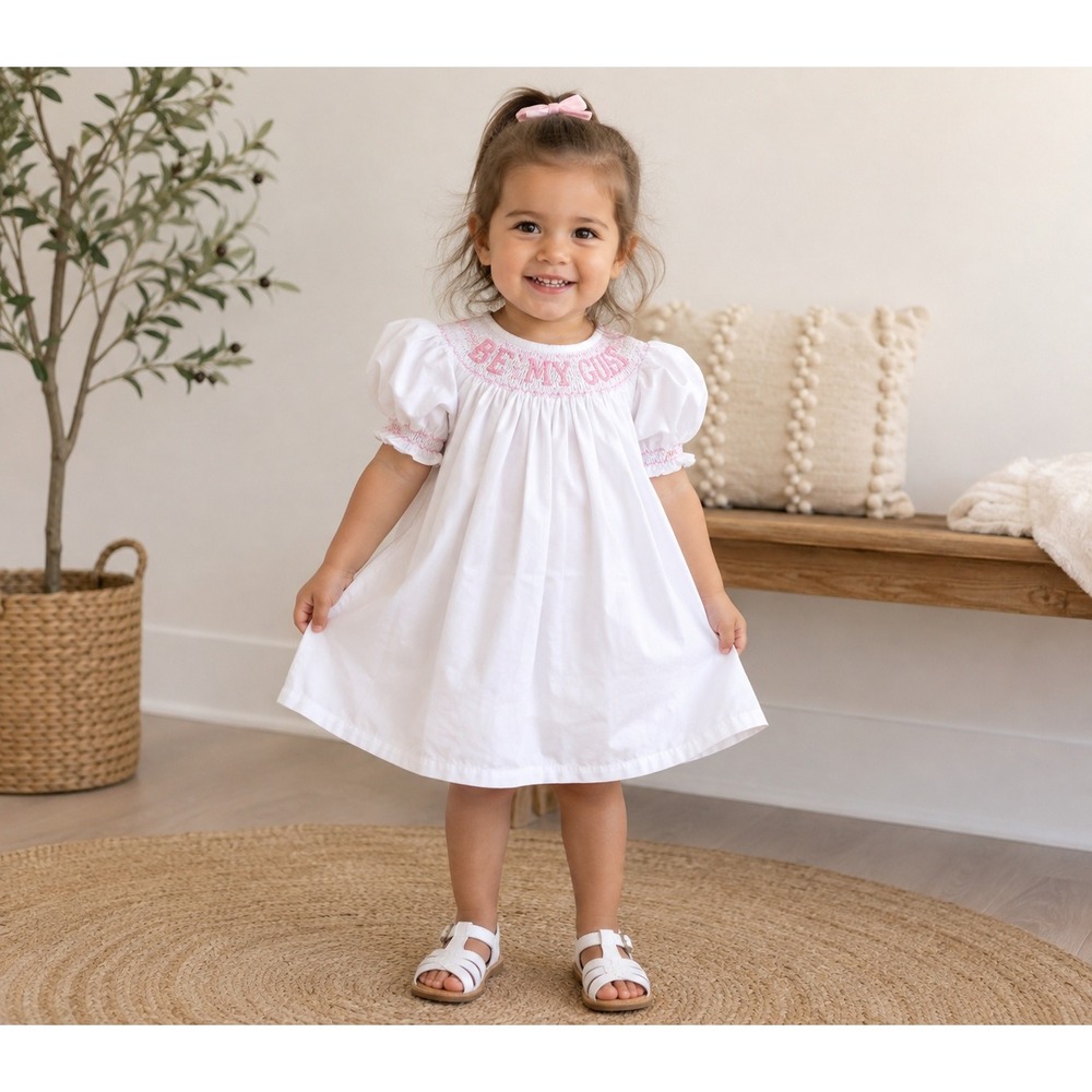 Big Sister Smocked Bishop Dress White Pink Puff Sleeve 2-3Y cottagecore 100% CTN